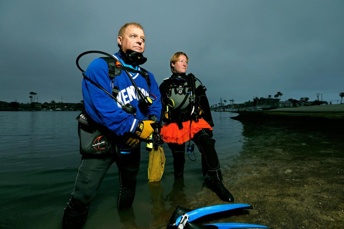 Rog Hanson, 68, teamed up with dive instructor Ashley Arnold two years ago to keep watch over a small colony of Pacific seahorses. (Carolyn Cole/Los Angeles Times)