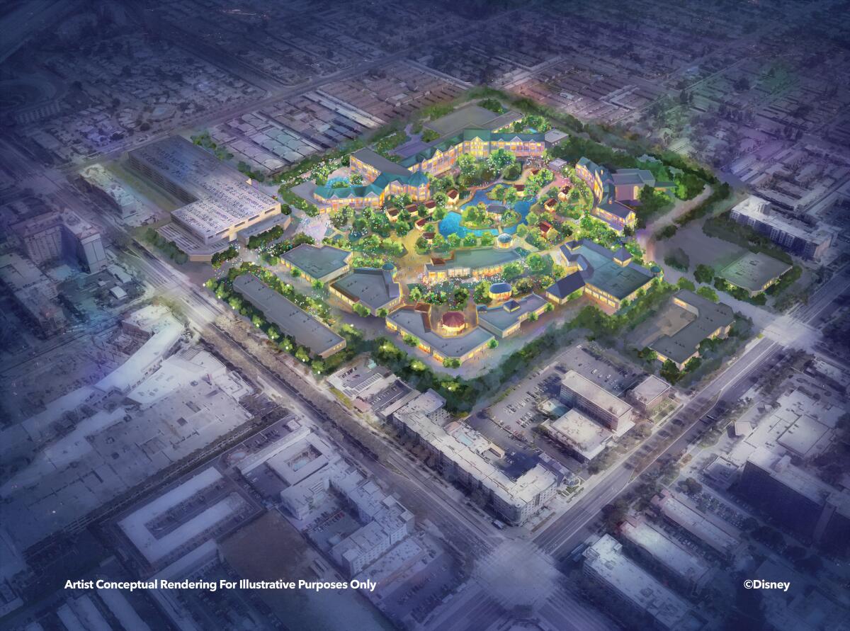 This "Eastside" rendering shows the possible additions to the Disneyland Resort in an area set aside for parking.