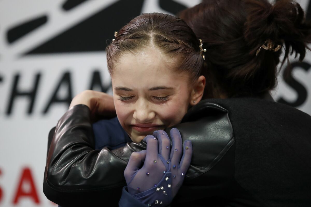 Isabeau Levito celebrates after learning her score during the women's free skate at the U.S. figure skating championships in San Jose, Calif., Friday, Jan. 27, 2023. Levito finished first in the event. (AP Photo/Josie Lepe)