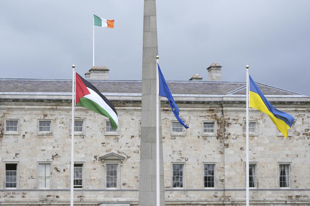 The Palestinian flag flies outside Leinster House, Dublin, Ireland.