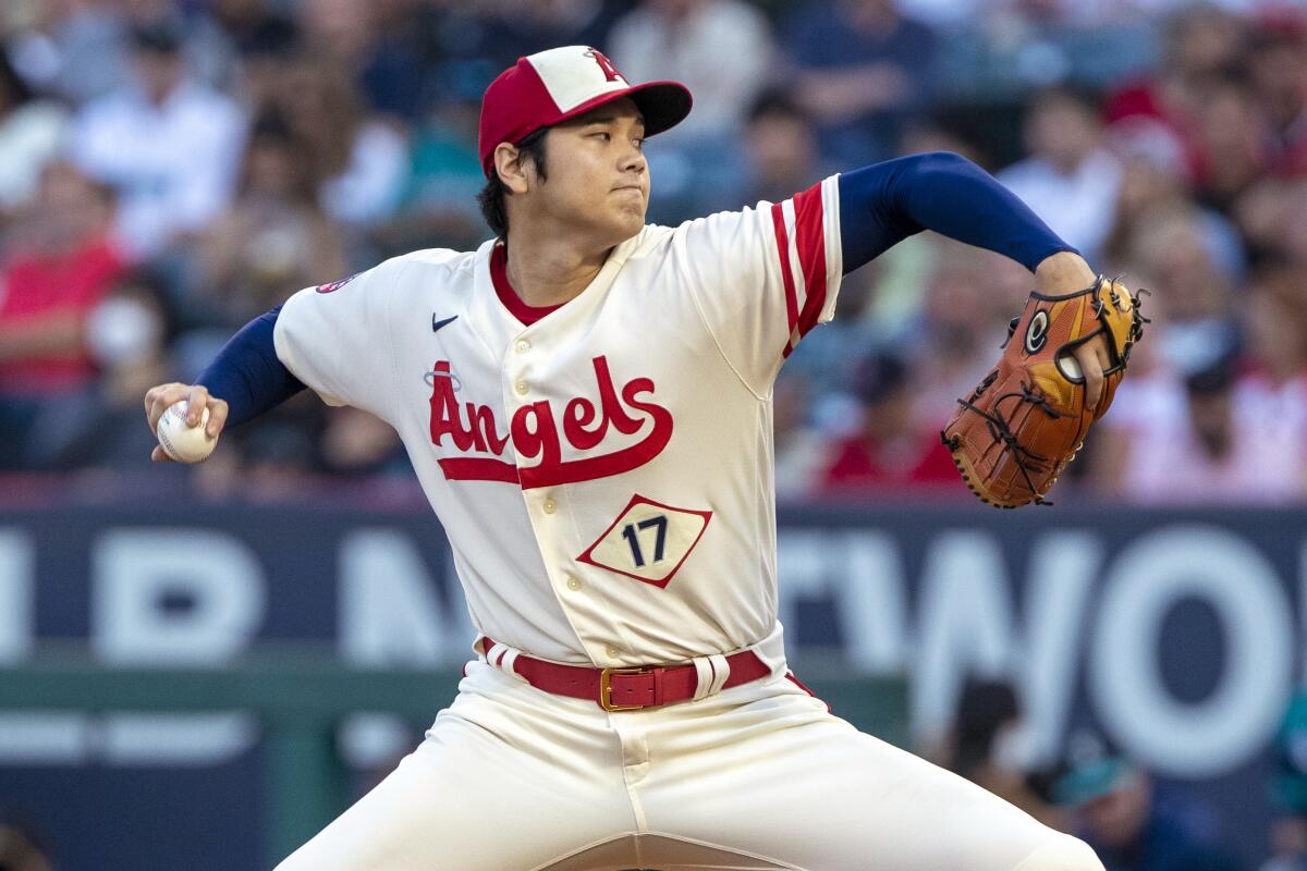 Angels starter Shohei Ohtani pitches against the the Seattle Mariners on Sept. 17, 2022.
