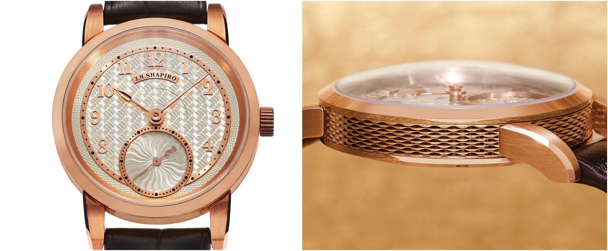 Two views of J.N. Shapiro Watches' new model, Resurgence.