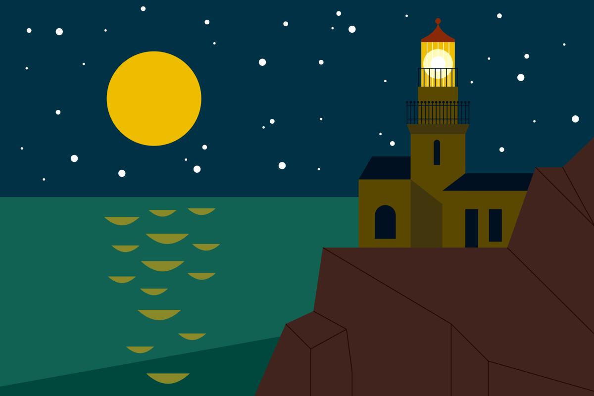 A lighthouse overlooks the sea with the moon in the distance.
