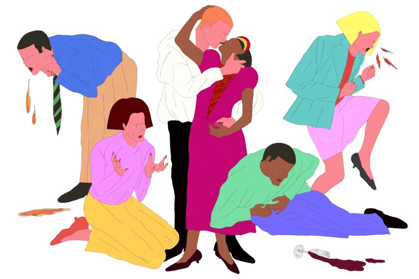 Illustration of 6 people emoting with bodily functions like vomiting, kissing, crying, coughing, etc.