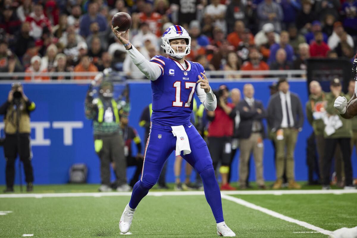 Buffalo Bills quarterback Josh Allen passes against the Cleveland Browns during a game.