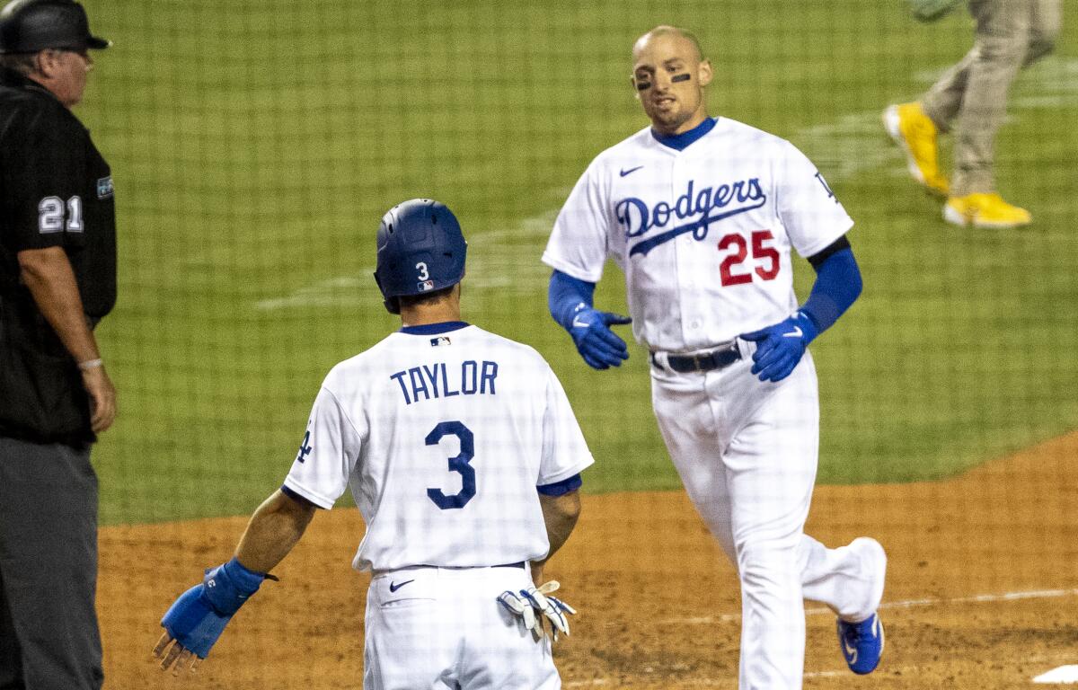 Chris Taylor and Trayce Thompson score on double hit by Dodgers teammate Cody Bellinger against the San Diego Padres.
