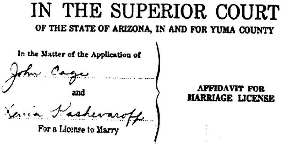 Marriage license between John Cage and Xenia Andreyevna Kashevaroff June 7, 1935 in Yuma, Arizona.