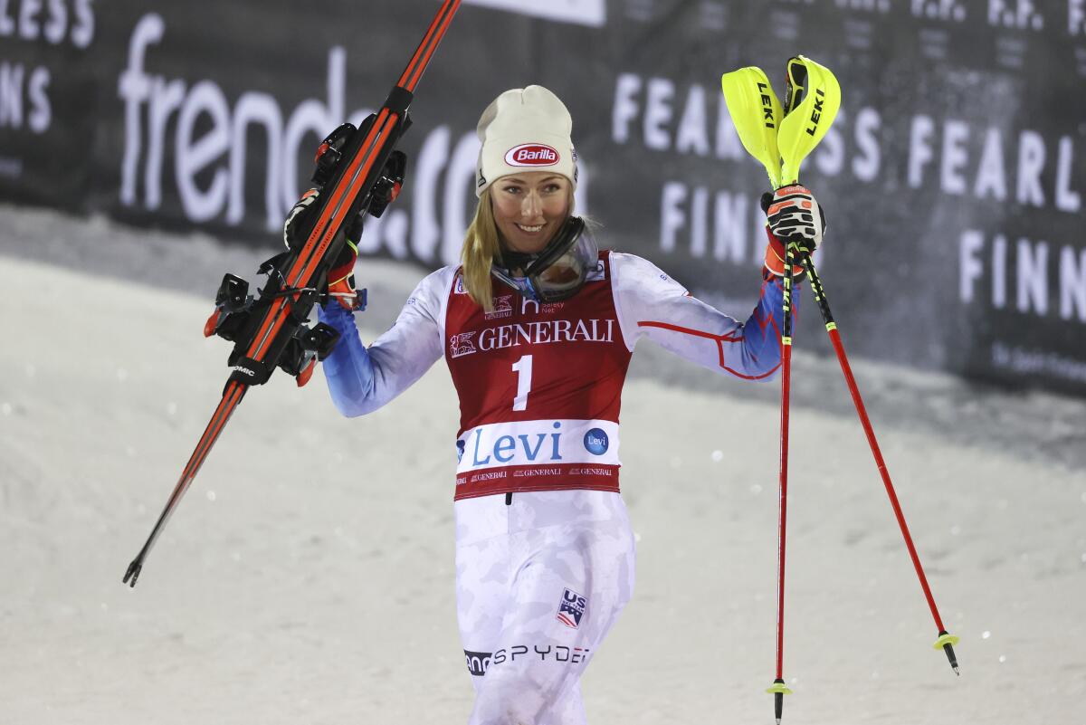 United States' Mikaela Shiffrin smiles as she celebrates her second place during an alpine ski, World Cup women's slalom in Levi, Finland, Sunday, Nov. 21, 2021. (AP Photo/Alessandro Trovati)