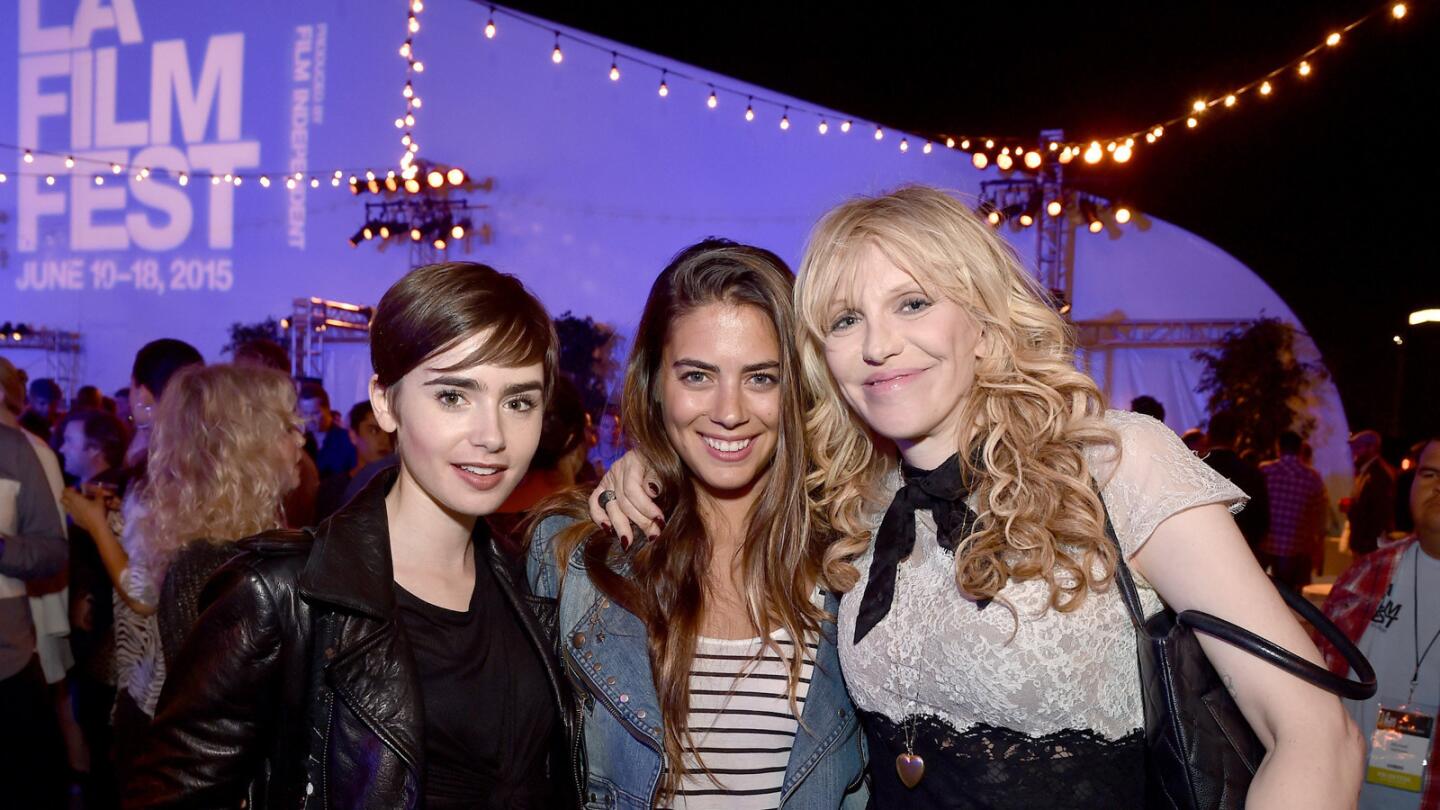 Actresses Lily Collins, from left, Lorenza Izzo and actress-musician Courtney Love attend the after-party for the closing night live reading of "Fast Times at Ridgemont High" directed by Eli Roth.
