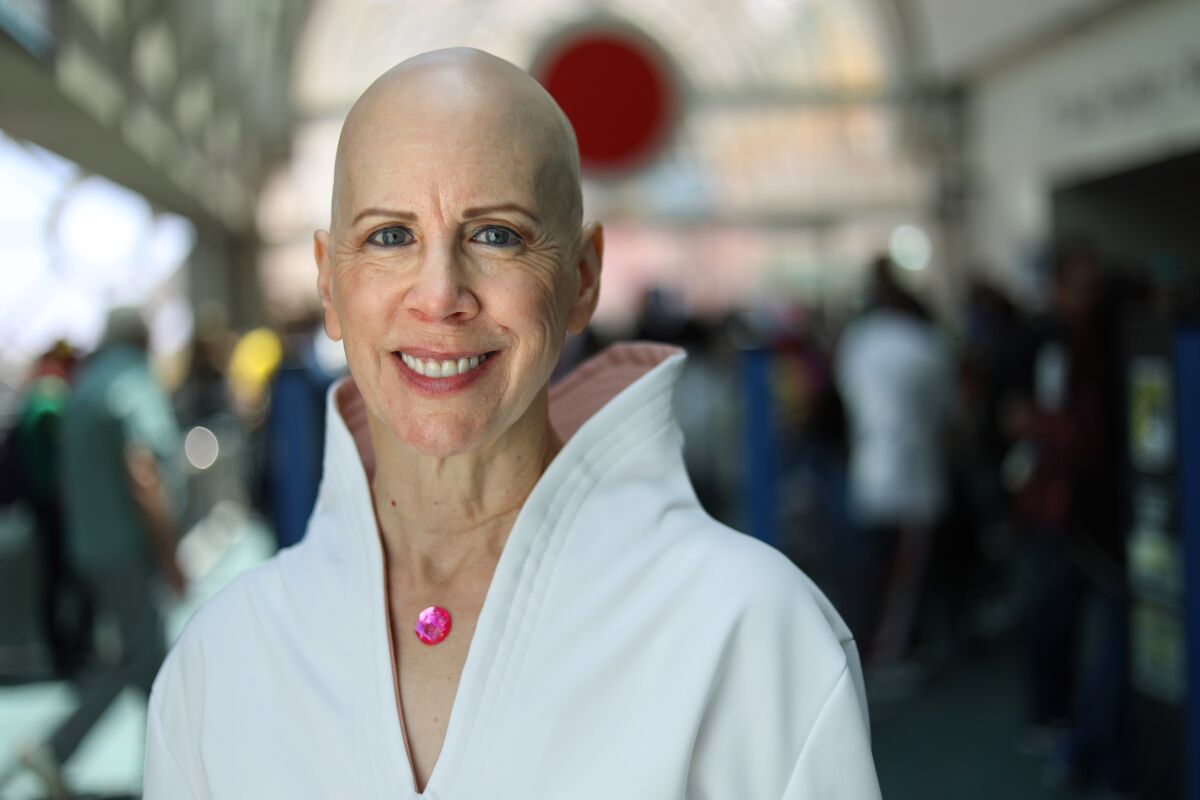 Mary Marshall of San Diego dressed as Lt. Ilia from "Star Trek" at Comic-Con International in San Diego on Thursday.