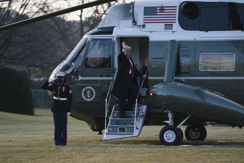 President Trump boards Marine One as he departs the White House on Jan. 20, 2021. 