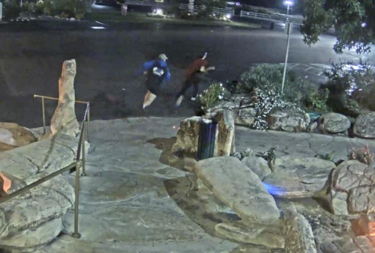 Two people are seen running away on a security camera