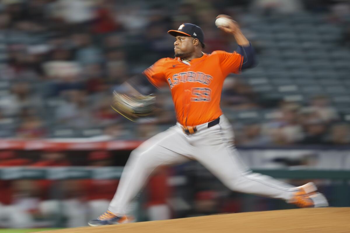 Houston Astros starting pitcher Framber Valdez delivers against the Angels in the ninth inning Friday.