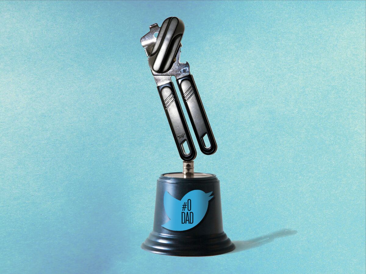 trophy with a can opener on top and a Twitter label that reads "#0 DAD"