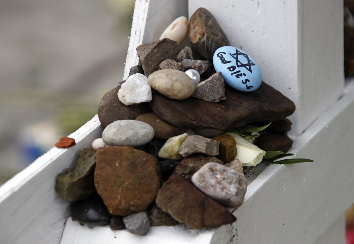 Stones placed at a makeshift memorial outside the Tree of Life synagogue in Pittsburgh to the 11 people killed Oct 27 while worshipping.