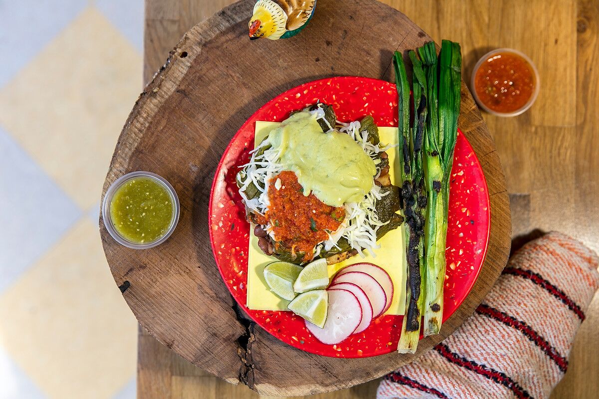 Sonoratown's Lorenza is the only menu item that uses a corn tortilla instead of flour. It comes topped with Monterey Jack cheese, avocado, cabbage, pinto beans and a grilled poblano pepper.