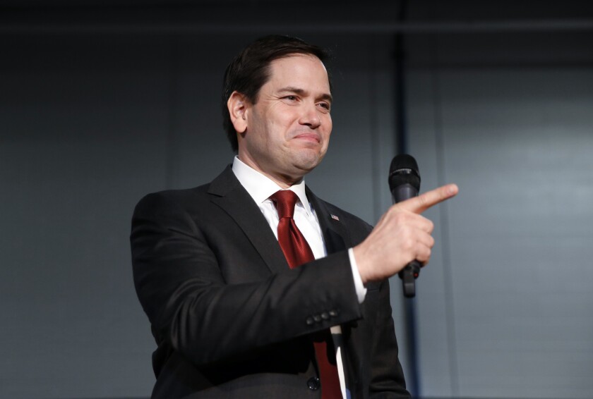 El senador por Florida Marco Rubio, aspirante a la candidatura republicana a la presidencia, durante un acto de campaña el martes 23 de febrero de 2016 en Kentwood, Michigan. (AP Foto/Paul Sancya)
