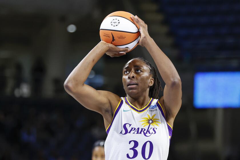 Los Angeles Sparks forward Nneka Ogwumike shoots a free throw against the Chicago Sky.