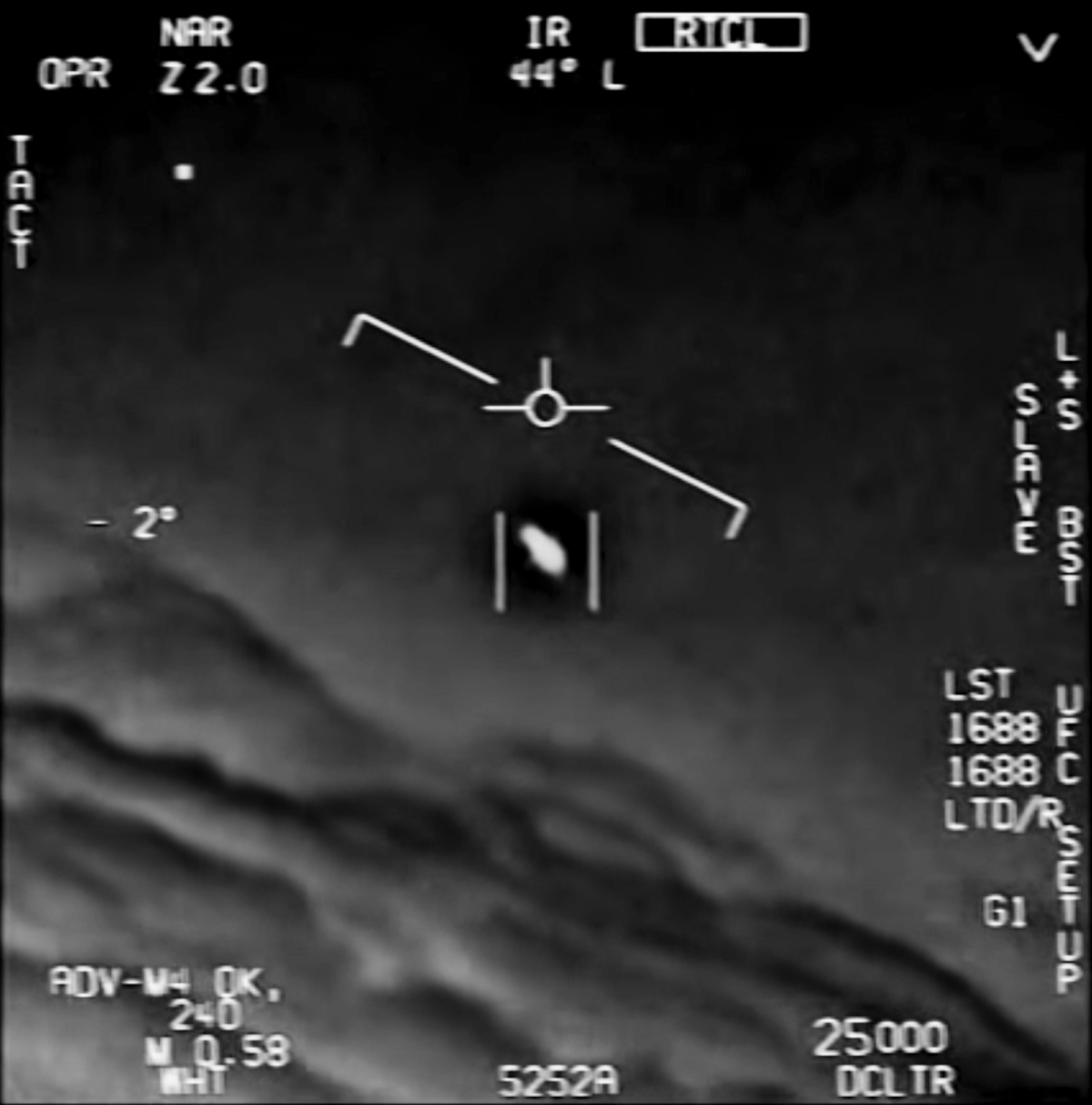 A still from the "Gimbal" video showing an unidentified aerial phenomenon as seen from a Navy fighter jet