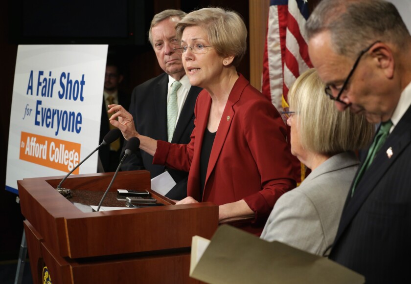 Sen. Elizabeth Warren (D-Mass.) speaks during a news conference on her student loan debt refinancing bill last week in Washington.