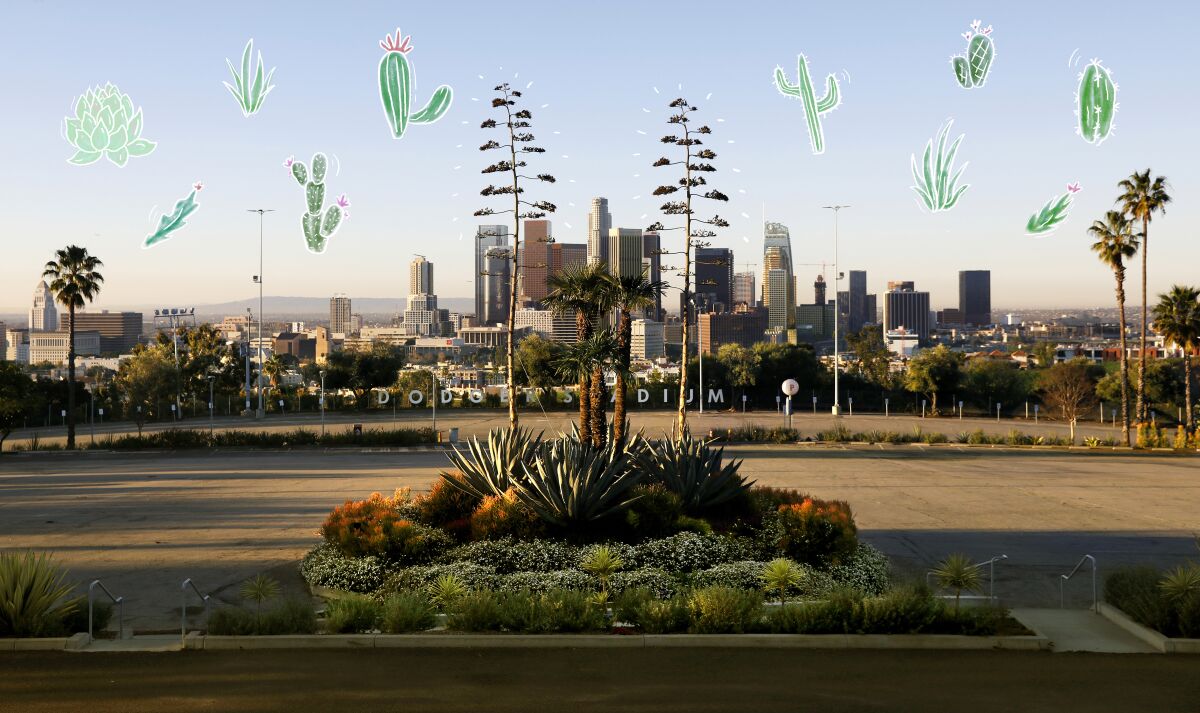 Drawings of cactuses float above a parking lot. In the background is the L.A. skyline.