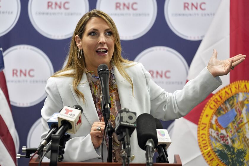 FILE - Republican National Committee chairman Ronna McDaniel speaks during a voting rally Oct. 18, 2022, in Tampa, Fla. The race for RNC chair will be decided on Jan. 27, 2023, by secret ballot as Republican officials from all 50 states gather in Southern California. McDaniel is fighting for reelection against rival Harmeet Dhillon, one of former President Donald Trump's attorneys. (AP Photo/Chris O'Meara, File)
