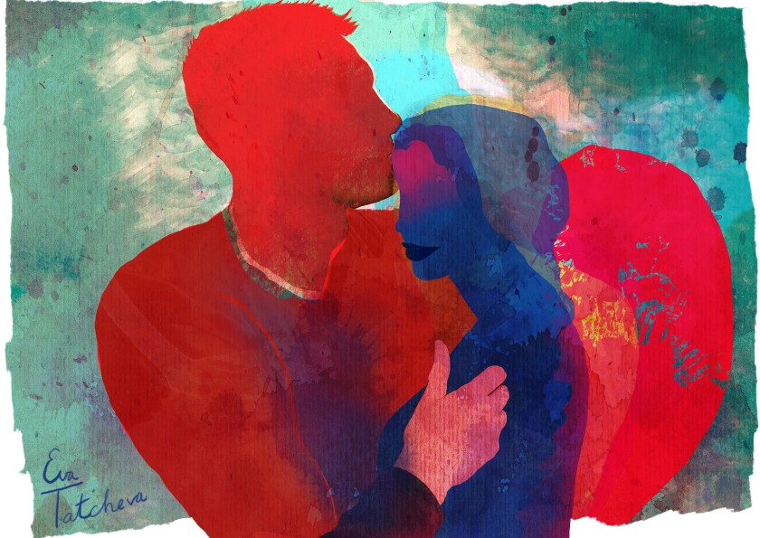 Illustration of a man kissing a woman's forehead.
