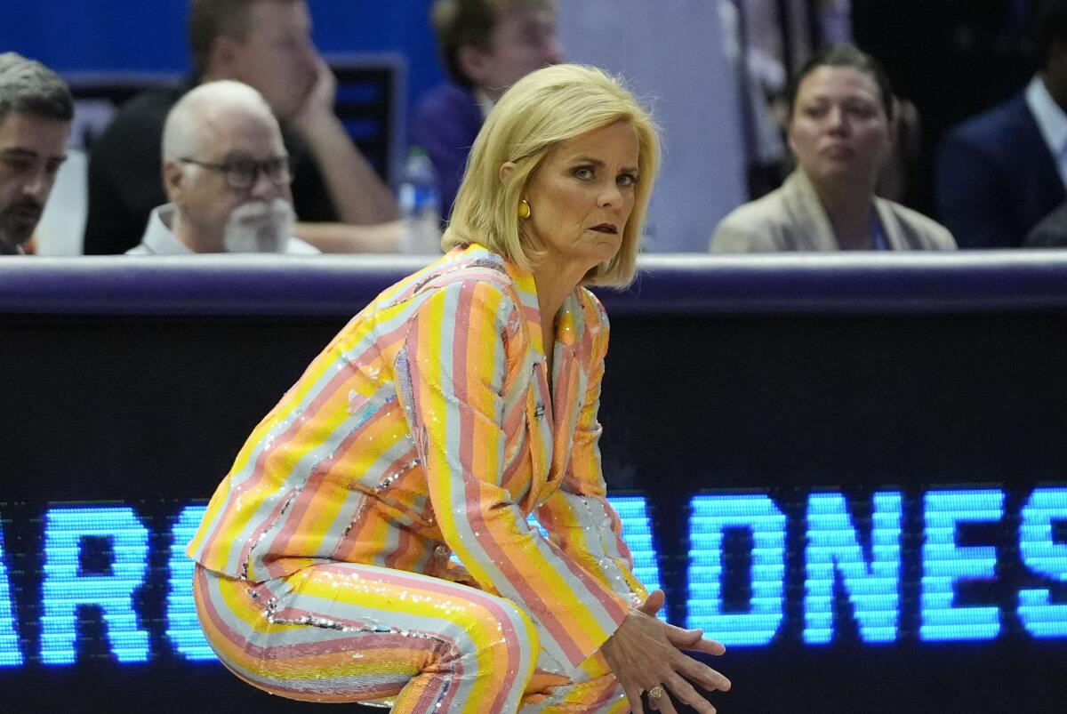LSU coach Kim Mulkey watches from the sideline during an NCAA tournament win over Middle Tennessee on March 24.