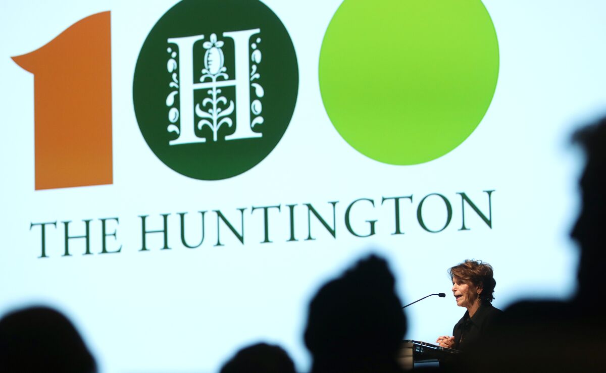 The Huntington's president Karen R. Lawrence speaks during the centennial celebration in San Marino on Thursday, September 5, 2019. 