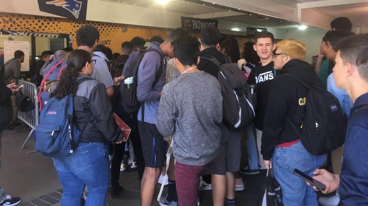 Birmingham students line up earlier this week to purchase tickets for a playoff game against Chino Hills.
