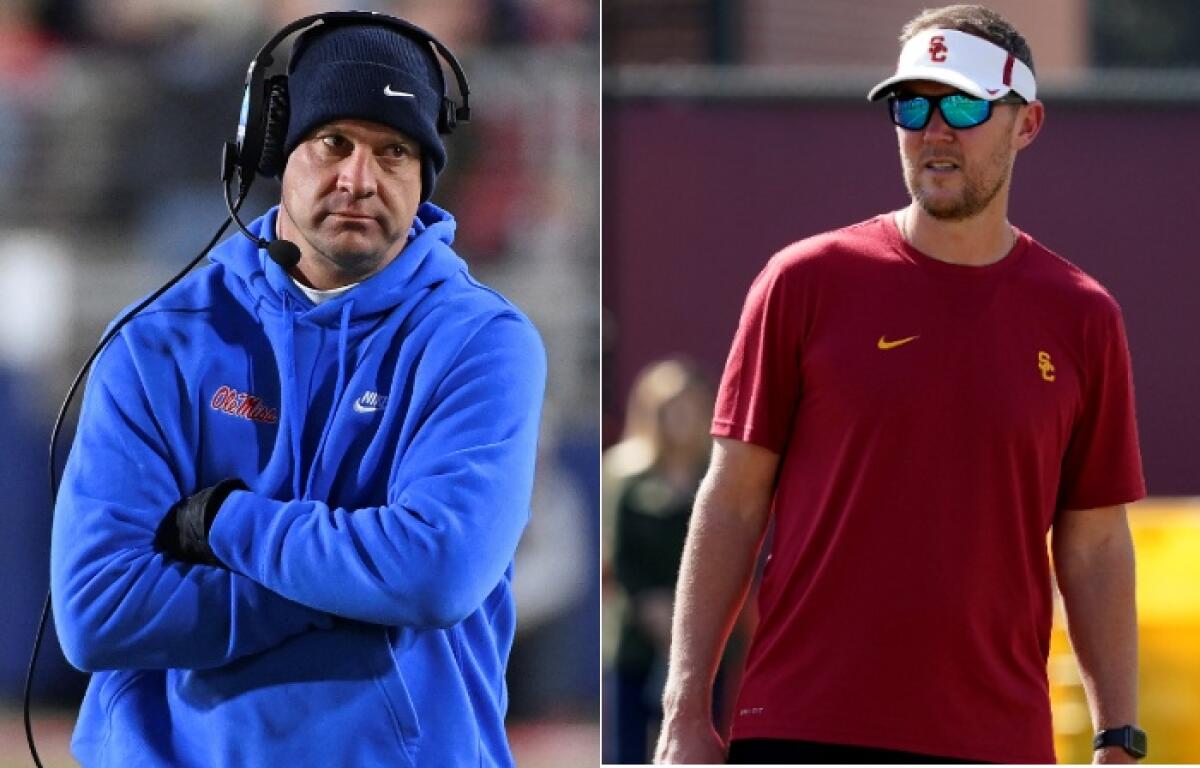 Mississippi coach Lane Kiffin, left, and; USC coach Lincoln Riley
