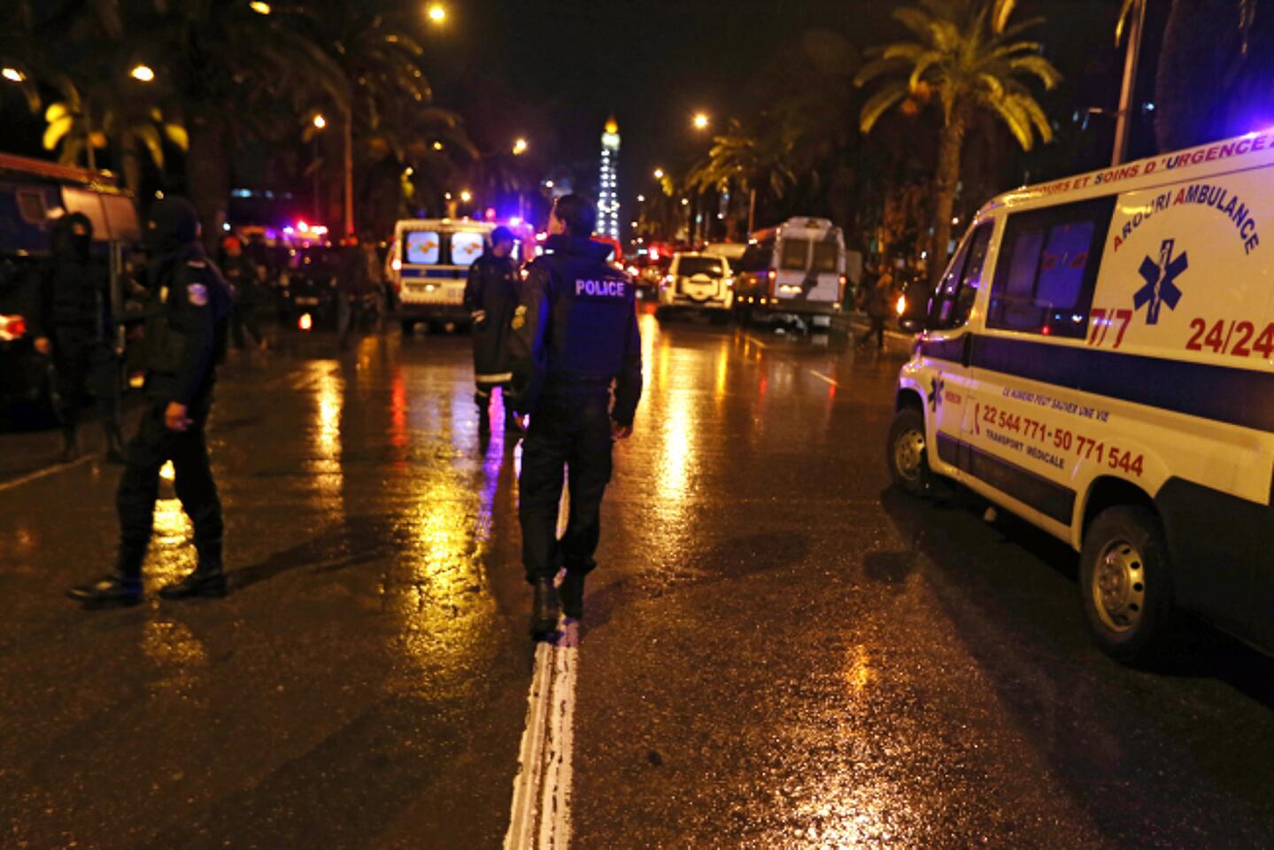 Police and rescue forces at the scene of an explosion in Tunis, Tunisia, on Nov. 24 2015.