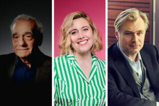 Martin Scorsese in moody lighting; Greta Gerwig before a bright pink background; Christopher Nolan in a hotel room.
