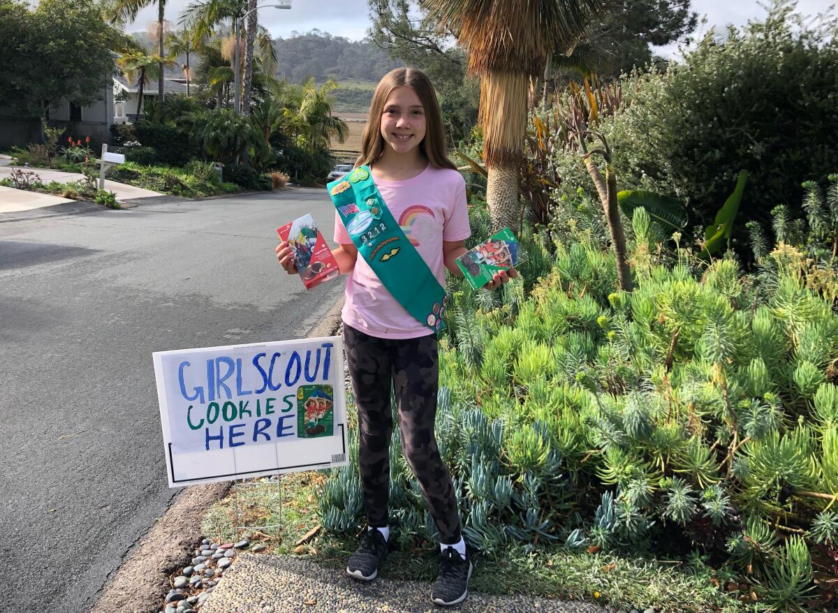 Junior Girl Scout Stella Morera of Del Mar is participating in the 2021 cookie program.