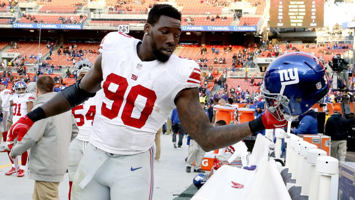 Giants defensive end Jason Pierre-Paul prepares to leave the field after a game against the Browns last week.