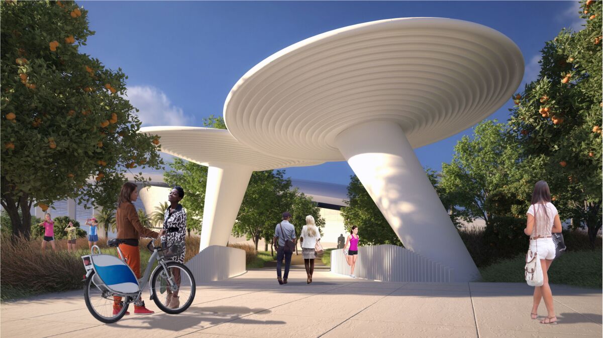 A rendering shows to white umbrella-like shade structures framing a small bridge