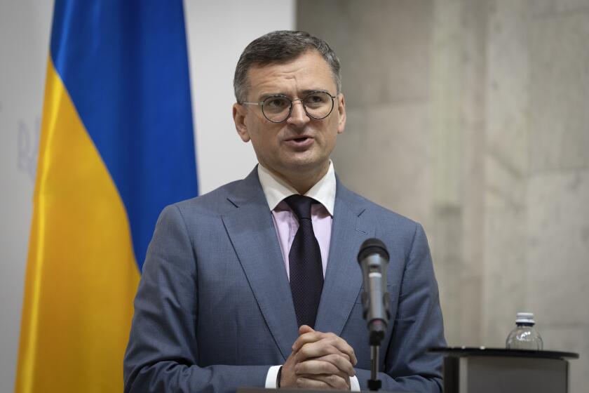 FILE - Ukrainian Foreign Minister Dmytro Kuleba speaks during joint press conference with German Foreign Minister Annalena Baerbock in Kyiv, Ukraine, May 21, 2024. (AP Photo/Efrem Lukatsky, File)