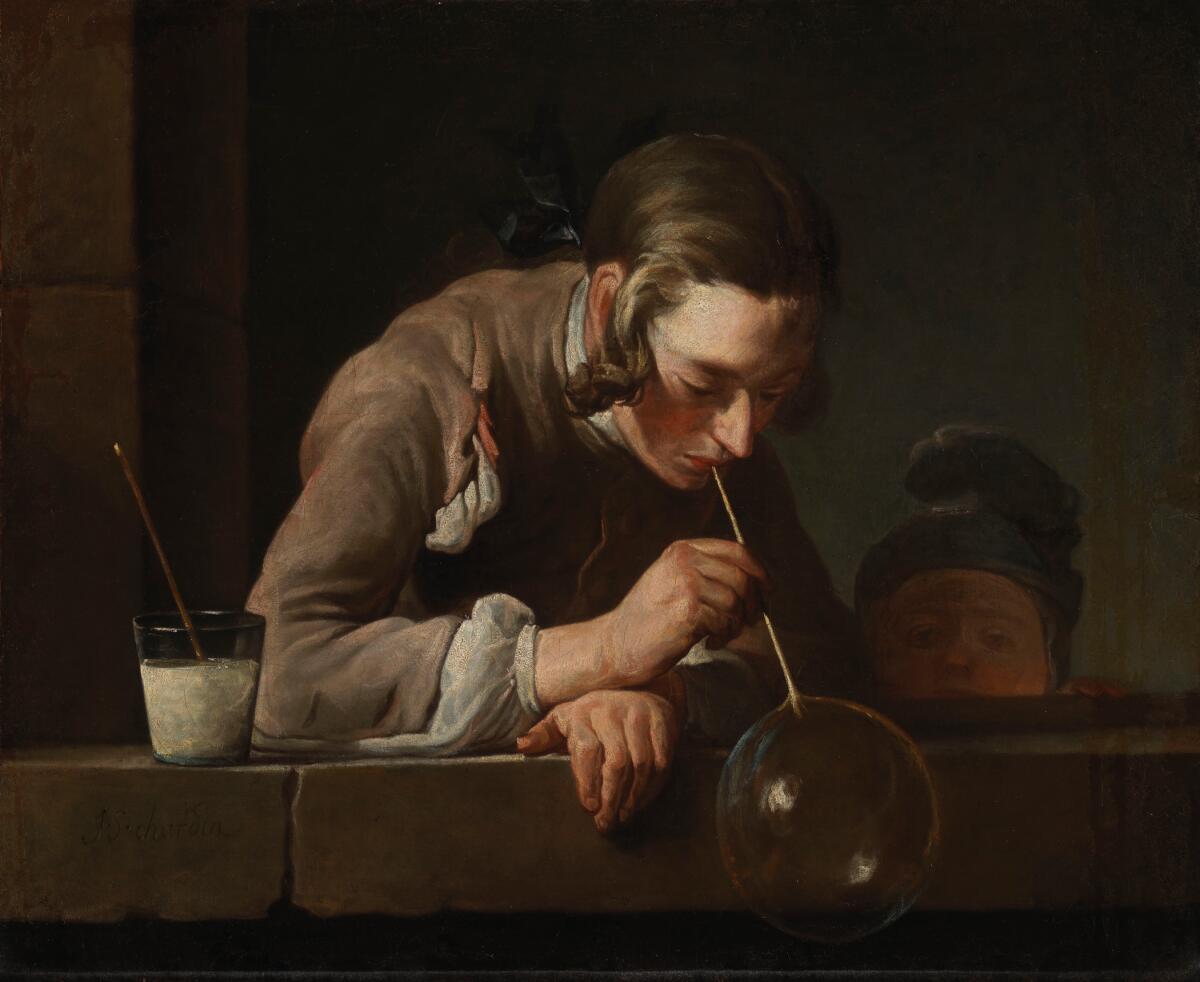 Jean-Baptiste-Siméon Chardin, "Soap Bubbles," after 1739, oil on canvas: a youth uses a reed to blow a bubble.