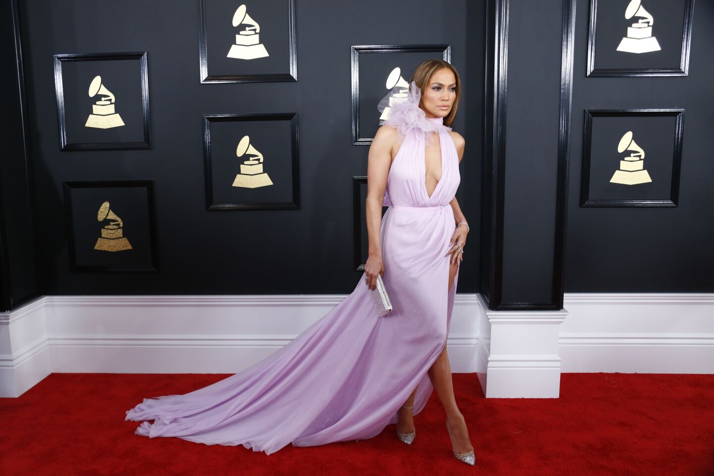 Jennifer Lopez arrives at the 59th Grammy Awards.