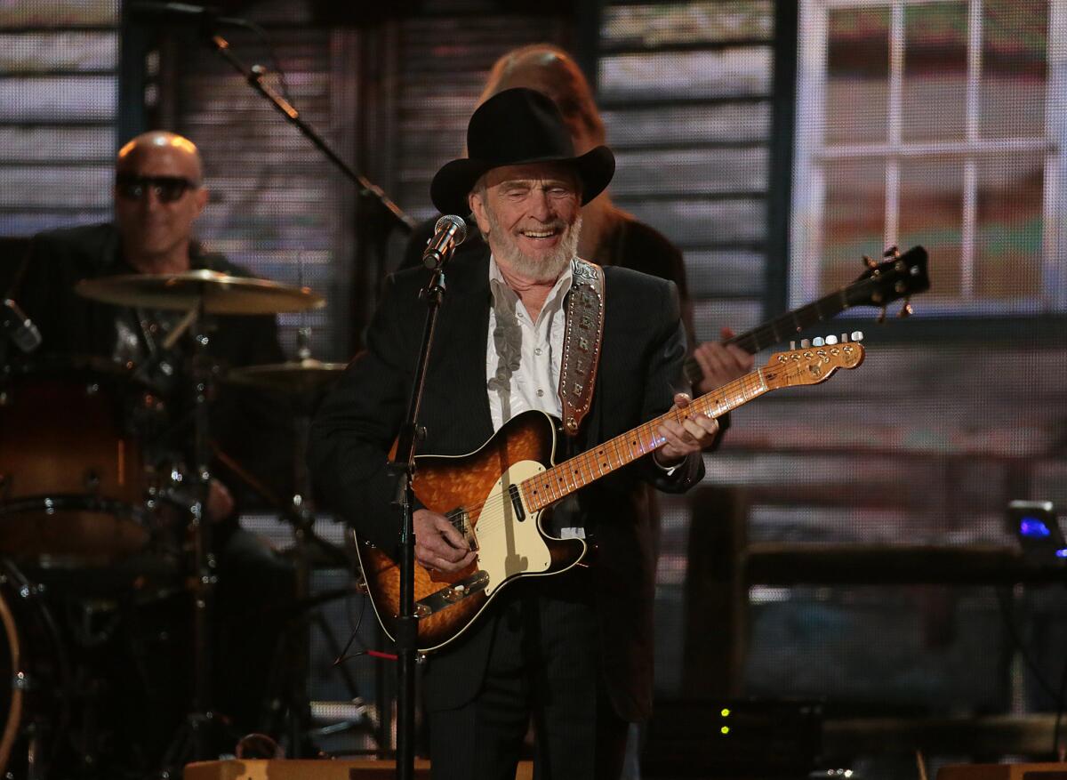 Merle Haggard, shown during his performance at the Grammy Awards in February, is set to receive the Academy of Country Music's annual Crystal Milestone Award on April 6 and is the honoree of the new all-star tribute album "Working Man's Poet: A Tribute to Merle Haggard" due April 1.