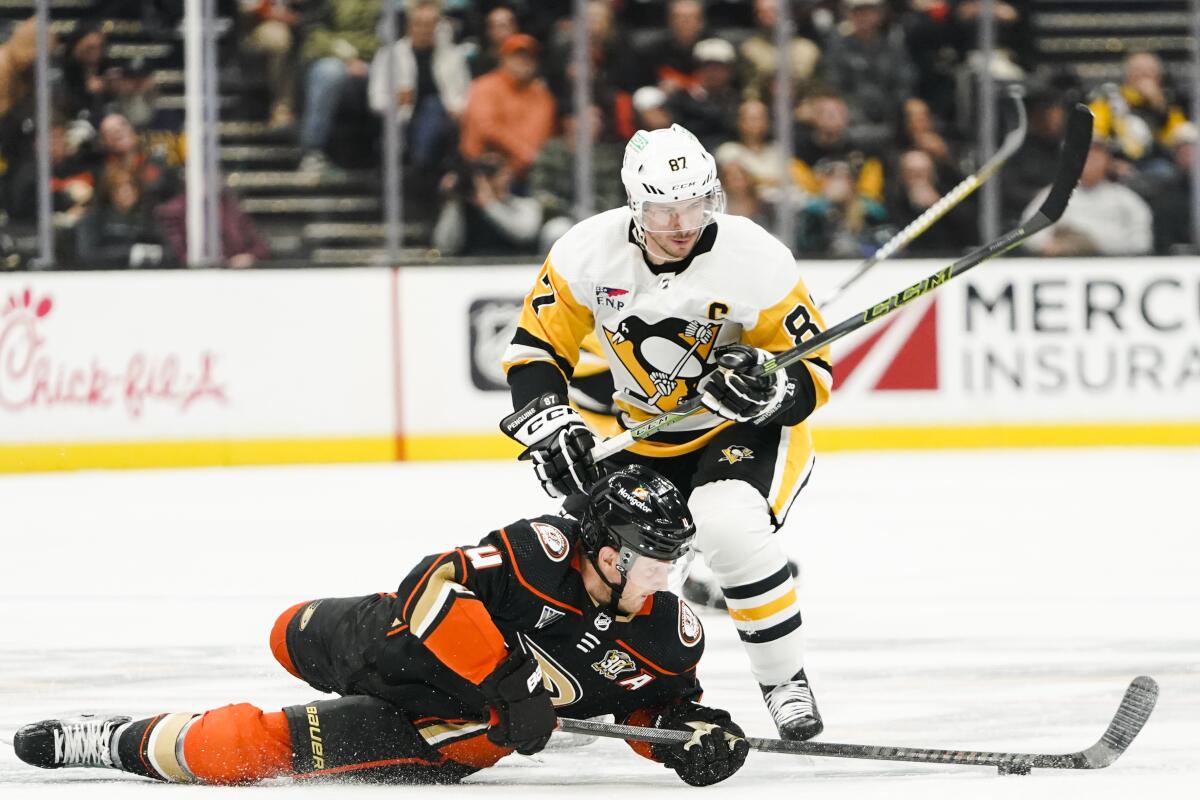 Ducks defenseman Cam Fowler, bottom, and Penguins center Sidney Crosby vie for the puck.