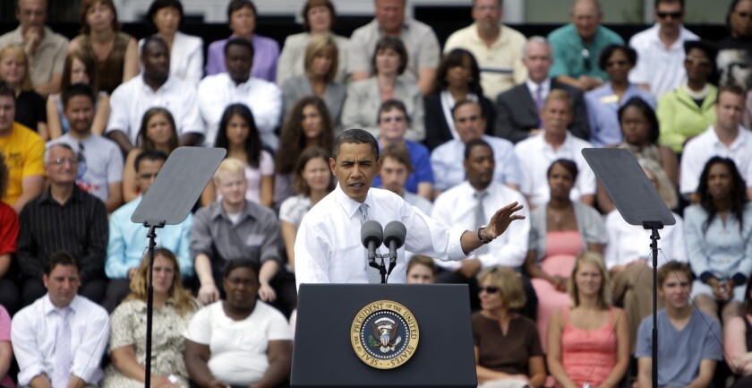 President Barack Obama speaking at Macomb Community College in Warren, Mich. in 2009.