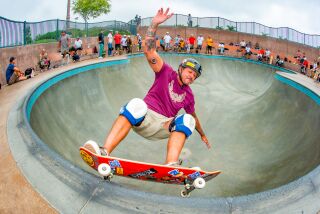 Doug Marker, founder of Deathracer413, skateboards at Encinitas Skate Plaza, also known as Poods.