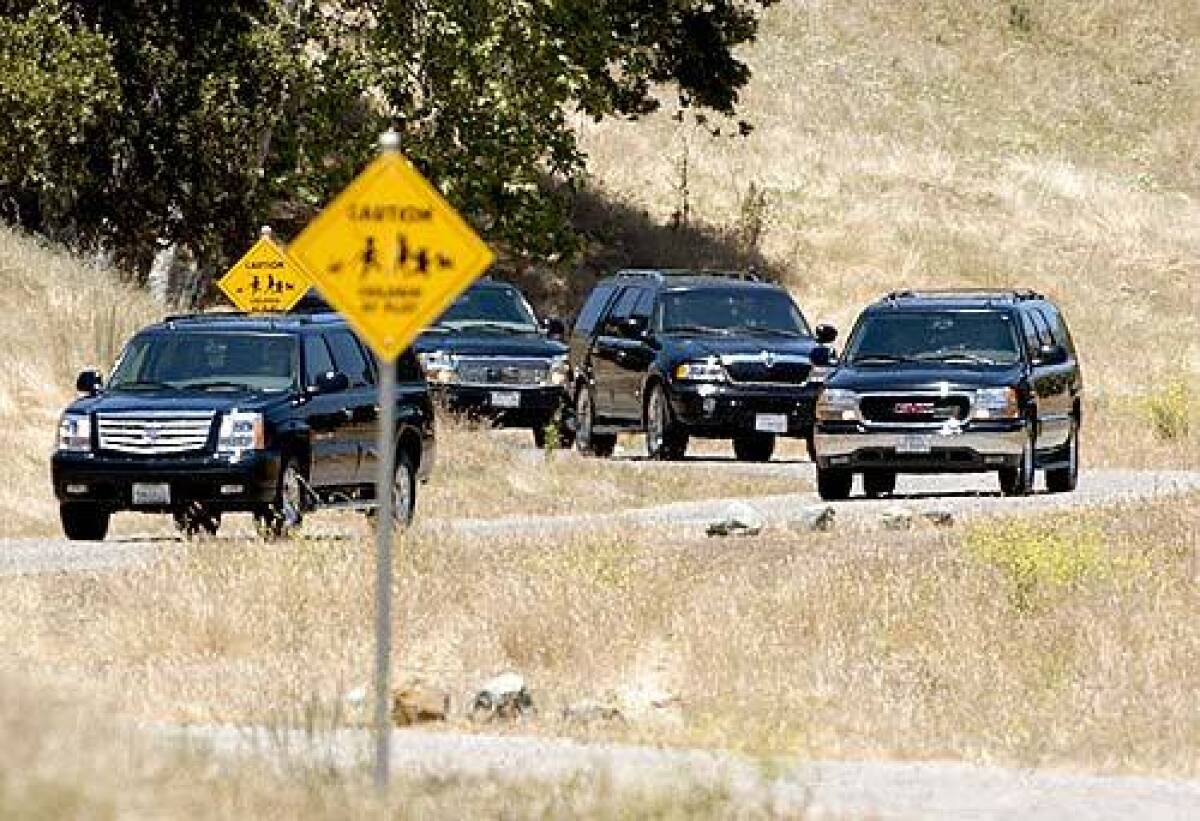 Michael Jackson's motorcade leaves Neverland Ranch in Los Olivos, Calif., for the Santa Barbara County Courthouse after the jury said it reached a verdict in Jackson's child molestation trial.