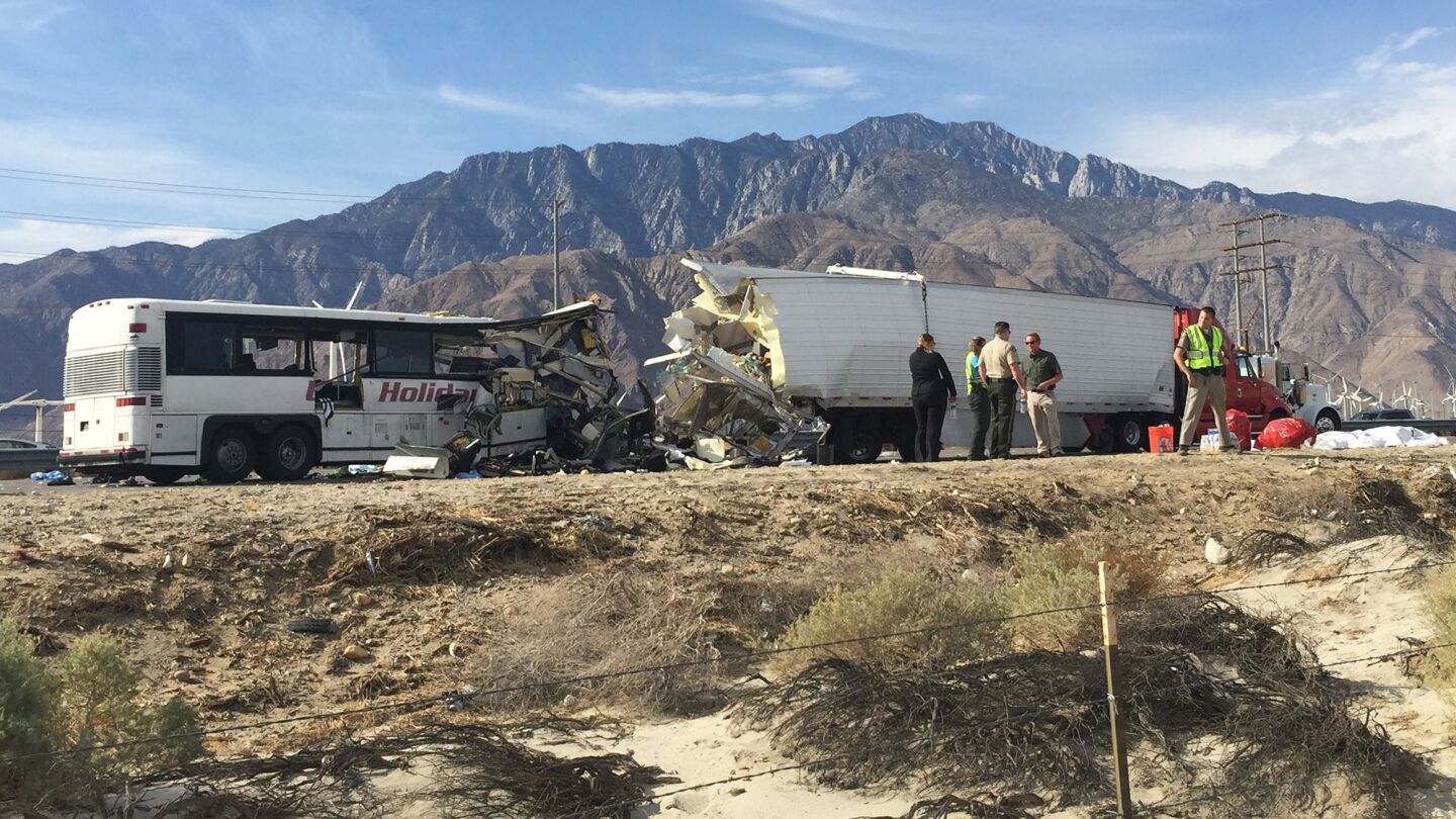 The bus struck the rear of a tractor trailer in Desert Hot Springs.