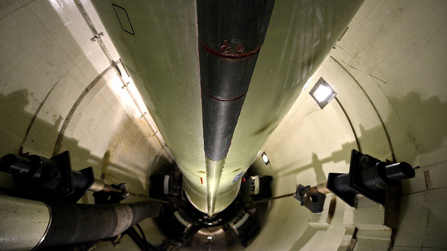 Two-thirds of a missile sits in a training silo at Malmstrom Air Force Base.