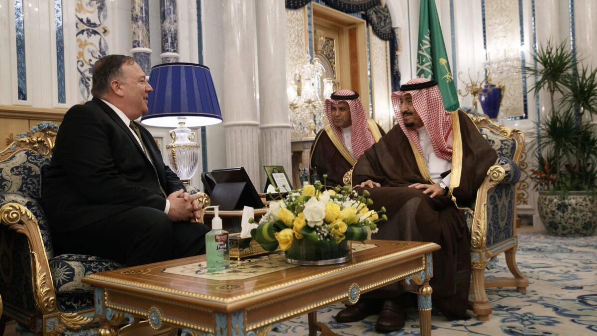 U.S. Secretary of State Michael R. Pompeo, left, meets with Saudi King Salman at Al Salam Palace in the Red Sea city of Jiddah to build a "global coalition" against the Islamic republic of Iran.