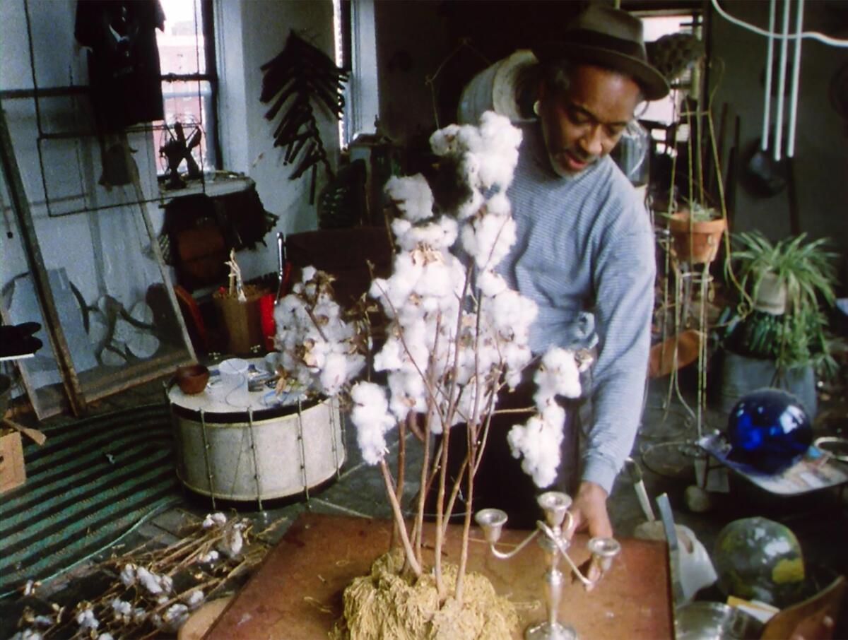 David Hammons at work in his Harlem studio in the 1980s