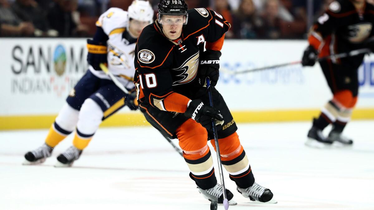 Ducks winger Corey Perry, shown in action against the Predators on Oct. 26, is going through a 15-game goal-scoring drought.