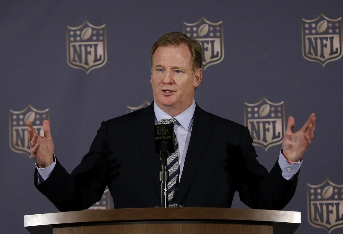 NFL Commissioner Roger Goodell speaks to reporters during the league's spring meetings in San Francisco on May 20.